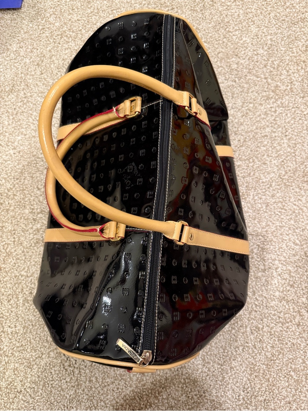 Arcadia Black Patent Leather Travel Bag with Gold Plaque